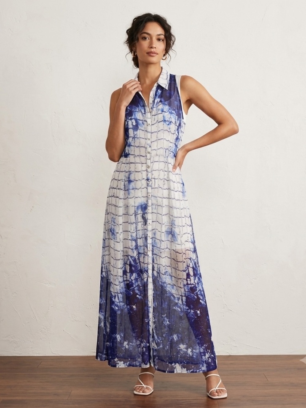 AND White and Blue Tie-Dye Sleeveless Maxi Shirt Dress